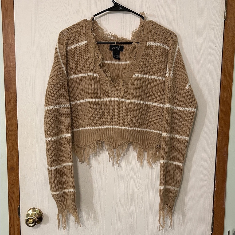 JUST POLLY Tan Fringed V-Neck Cropped Sweater
